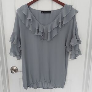 Zara Basic Sheer Ruffled Blouse Small